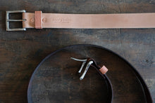 Load image into Gallery viewer, Full grain leather belt made to last a lifetime.  Simple and stylish. 1.5” width.  Copper riveted with nickel or brass buckle. Snowday Leather | Missoula, MT