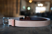 Load image into Gallery viewer, Full grain leather belt made to last a lifetime.  Simple and stylish. 1.5” width.  Copper riveted with nickel or brass buckle. 