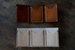 Trifold Wallet comes in multiple leather colors. White or tan leather is what we specialize in. Leather is made with premium quality and stitching is made to last. Snowday Leather | Missoula, MT